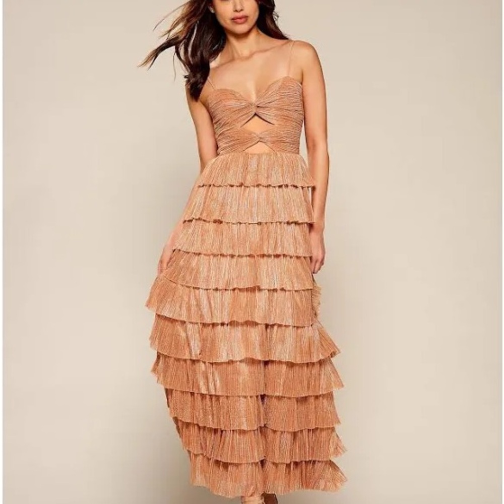 Gianni Bini Tan Ruffled Tiered Maxi Gown